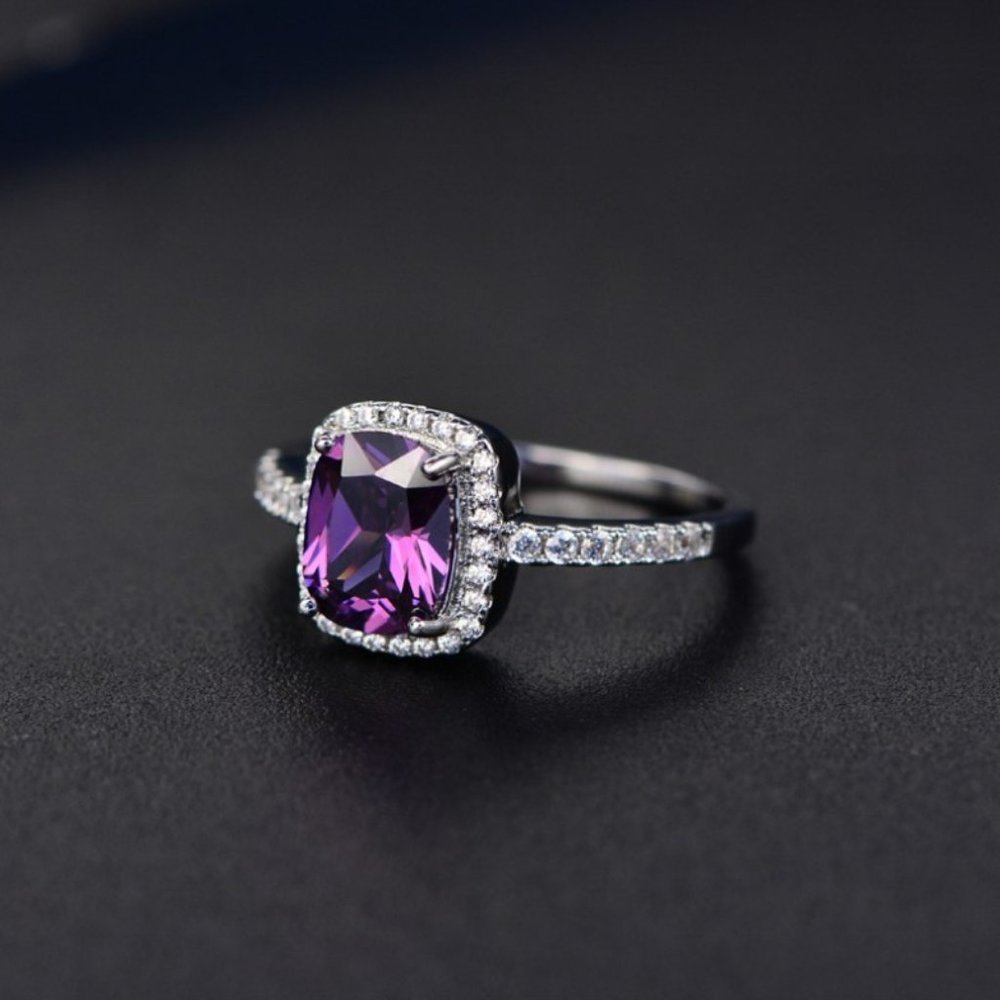 Purple Amethyst Rectangular Halo 925 Silver Ring - Picture 2 of 4